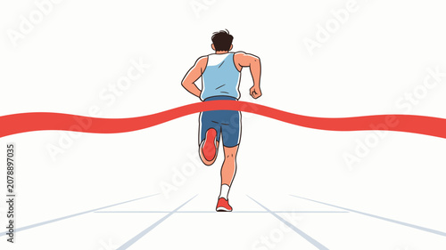 Vector illustration of male athlete sprinting past red finish line tape with dynamic perspective