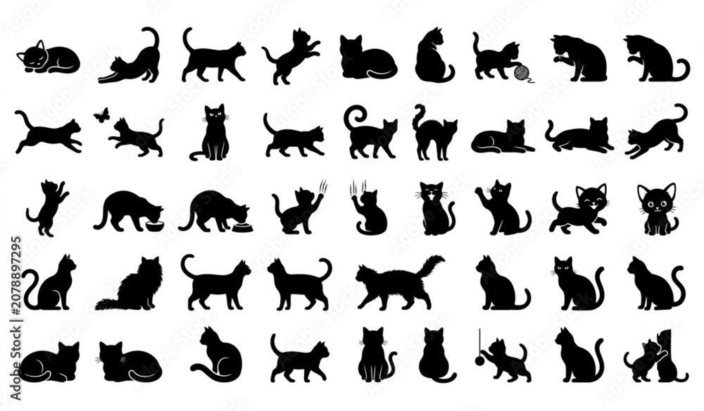 Fototapeta premium Cute Cat Silhouette Vector Set with Kitten Pet Animal Poses Black Cat Icons and Editable Collection