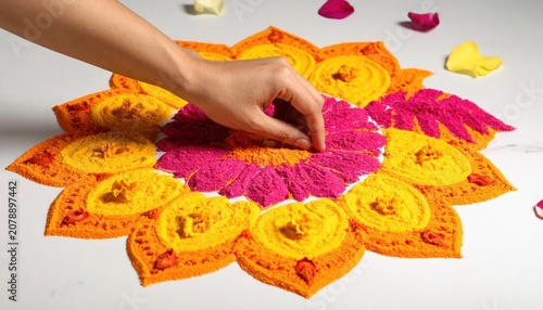 Hand Creating Traditional Rangoli Design with Flowers.