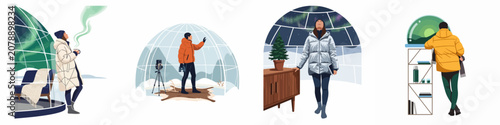 Quadro em tela Set of illustrations depicting people experiencing the Aurora Borealis from the comfort of modern glass igloos in a snowy winter landscape
