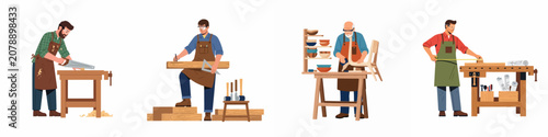 Bild auf Leinwand Set of four male carpenters working at workbenches using hand tools to measure, saw, and build wooden furniture and projects