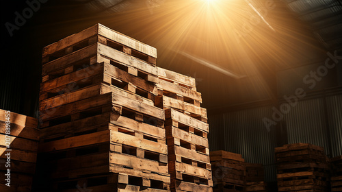 Stacked wooden pallets in a warehouse with dramatic lighting highlighting the global economy's resilience amid recession outlook