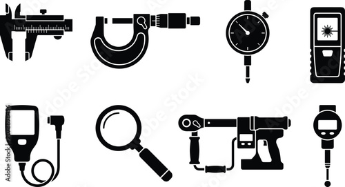 Fotografie Set of professional precision measuring instrument icons including calipers, mic