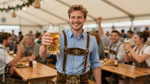 A cheerful young man in traditional Bavarian lederhosen raises a beer stein with a radiant smile at an authentic German festival. He celebrates the joyous occasion with friends in a livel