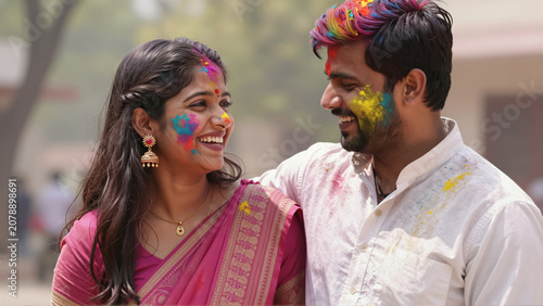 Joyful Indian couple celebrates Holi, the vibrant festival of color, with powdered faces. They share a happy moment, symbolizing tradition and togetherness