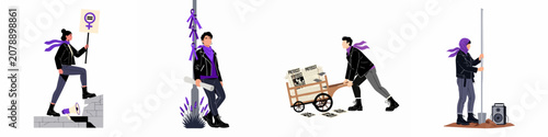 Fotografie Set of diverse activists advocating for women's rights and gender equality, featuring purple symbols, protest posters, and empowering actions on a white background