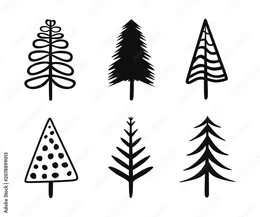 Obraz premium Christmas tree set. Hand drawn pine tree collection isolated on white background. Winter holiday icon of spruce tree in doodle style. Elements for winter season cards, New Year party posters. Vector