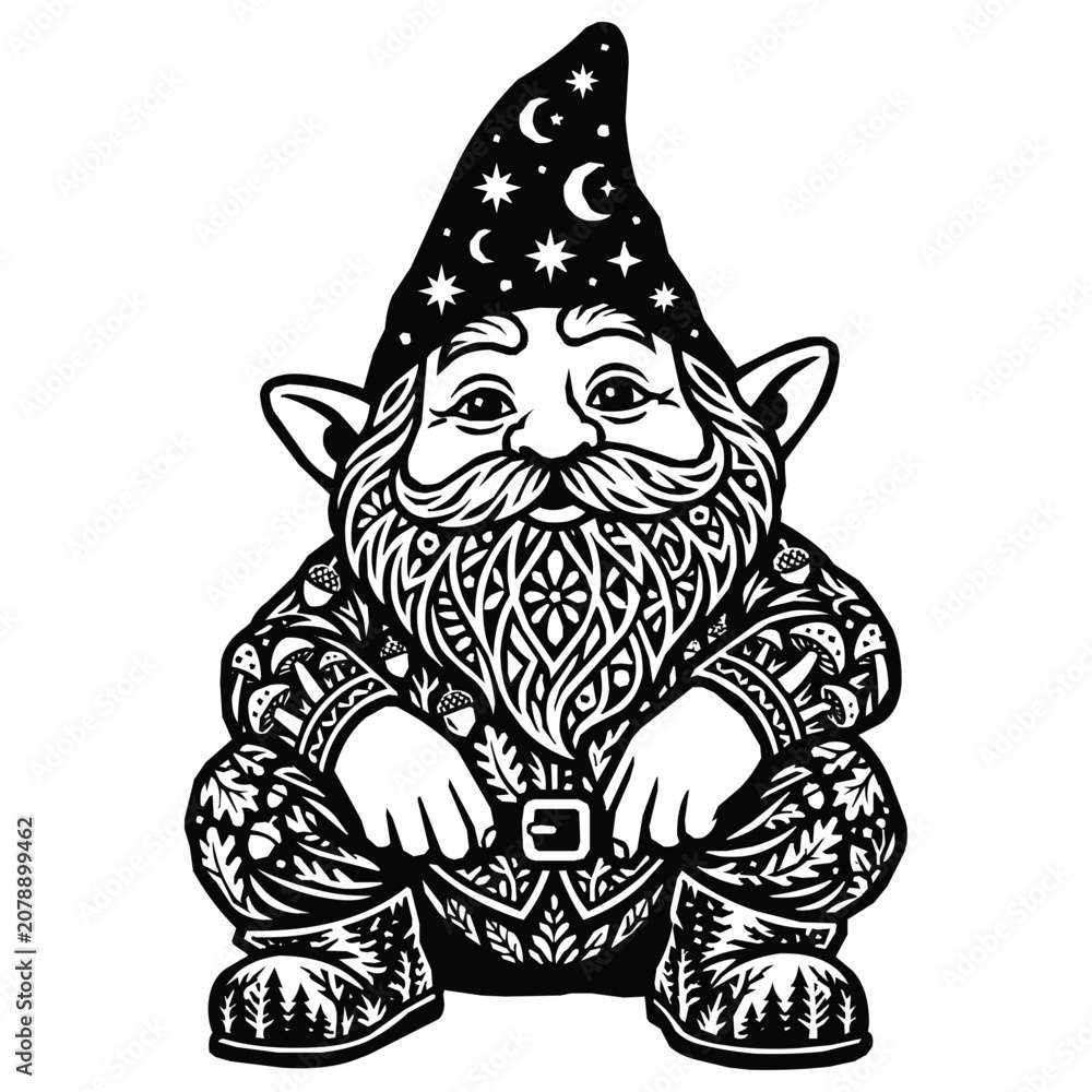 Fototapeta premium Intricate Garden Gnome and Mystical Woodland Wizard Illustration Inspired by Folklore Patterns for Whimsical Miniature Garden Figurines Stencil Art