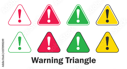 Warning Triangle Icon Set Illustration with Red, Yellow and Green Exclamation Caution Signs for Hazard Alert, Safety Notice, Risk Prevention, Emergency Symbol, Vector EPS