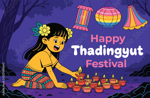 Happy Thadingyut Festival cartoon illustration with a girl holding glowing oil lamps under decorative lanterns