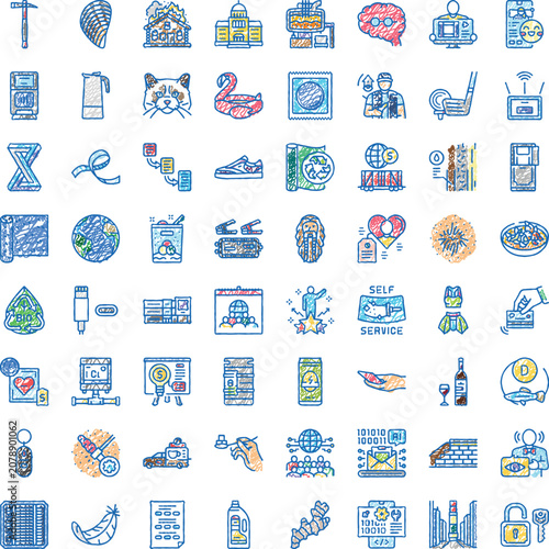 Fotografie Hand drawn sketch style icons illustrating a wide range of objects, activities,