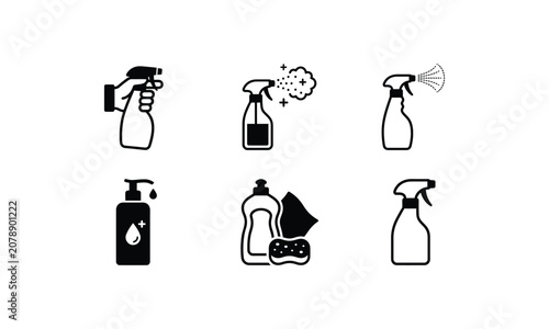 Foto Cleaning spray bottles and hygiene products icons set pack.