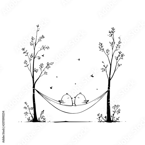 Cute birds in hammock between trees vector illustration drawing black and white line art style for print design