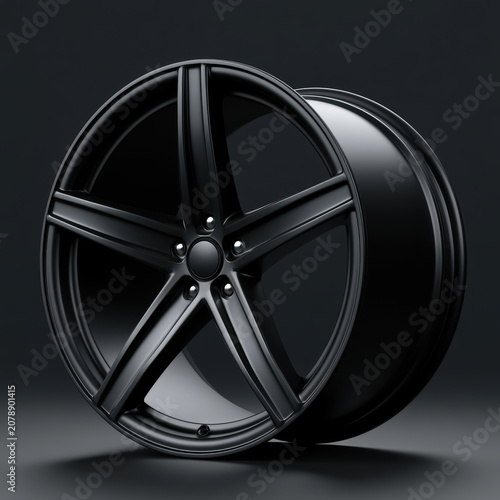 Matte black alloy wheel five spoke car rim modern sporty metallic automotive dark background circular stylish high fidelity