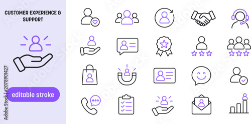 Customer experience and support line icons. Editable stroke vector icon set with client retention, call center agent, feedback, user satisfaction, customer care, and loyalty program symbols.