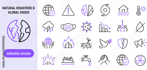 Obraz na płótnie Natural disasters and global crisis line icons