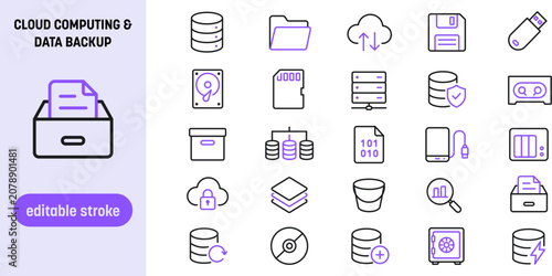 Cloud Computing and Data Backup Line Icon Set, Digital Storage Device, Server Network Hosting and Information Recovery Symbols with Editable Stroke