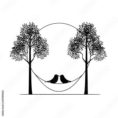Silhouette of birds in hammock between trees vector illustration for nature lovers and peaceful scenes art print