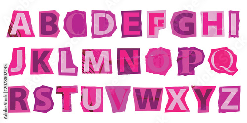 Foto Alphabet set with pink and purple letters cut from paper in a creative ransom no