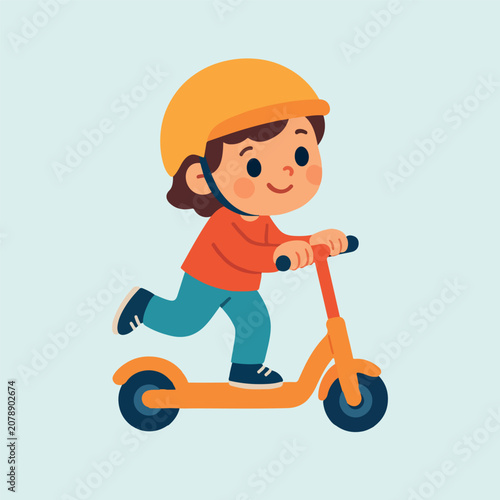 Happy child riding kick scooter wearing safety helmet with transportation exercise activity