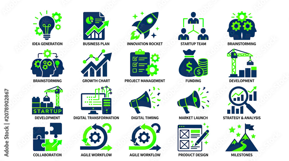 Fototapeta premium Startup Business Icons: Idea, Growth, Team, Funding, Strategy, Workflow, Design