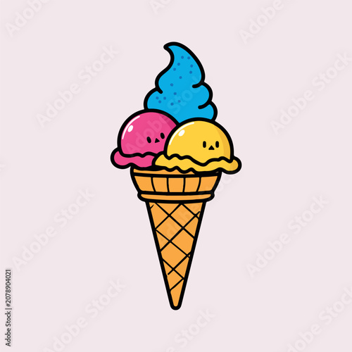 Cute cartoon ice cream cone with three colorful scoops colorful illustration character