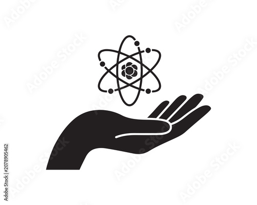 Silhouette icon of human hand holding an atom model representing science and innovation