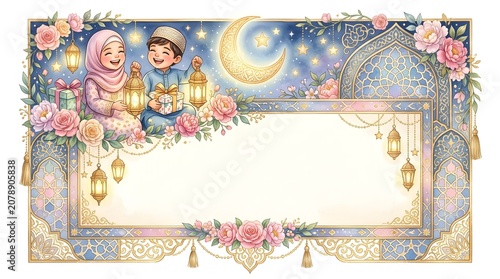 A beautiful festive illustration of happy Muslim kids with lanterns and gifts, featuring a floral Islamic frame, crescent moon, and space for text for Ramadan.