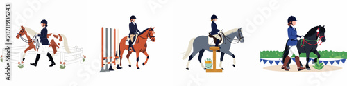 Quadro su tela Flat vector illustration set of equestrian activities featuring riders, horses, and ponies in various settings like training, jumping, and competition