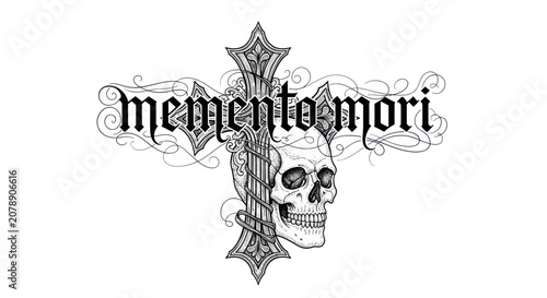 Fotografie Memento mori skull with gothic cross and ornate calligraphy