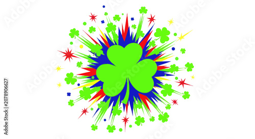 Obraz na plátně Green shamrock with colorful festive burst and star shapes