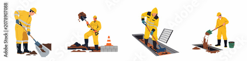 Set of flat vector illustrations of professional workers in yellow safety gear cleaning drainage systems and gutters with shovels.