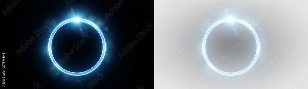 Obraz premium pair of glowing blue neon rings with flare effect isolated on black background