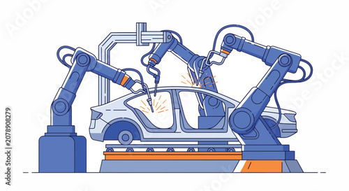 Robotic arms weld and assemble car body parts in a modern factory setting with robotic 3d printing process