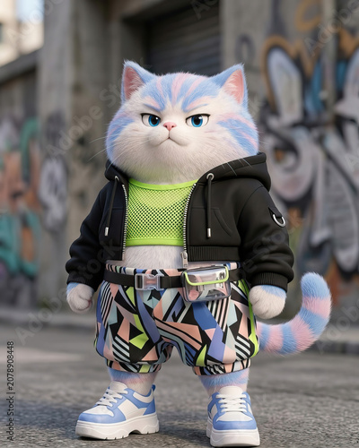 3D cute fluffy cartoon cat with pastel stripes posing in athleisure style fashion.