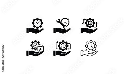 Time management and maintenance process flat icon set design.