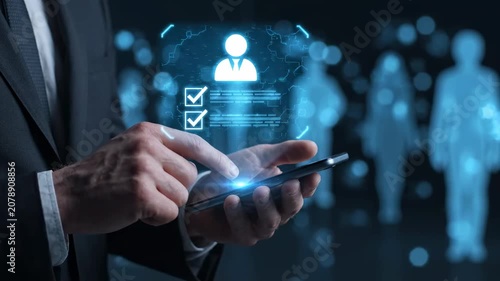 Digital HR Recruitment. Businessman using smartphone with holographic profile and checkmarks for talent management.
