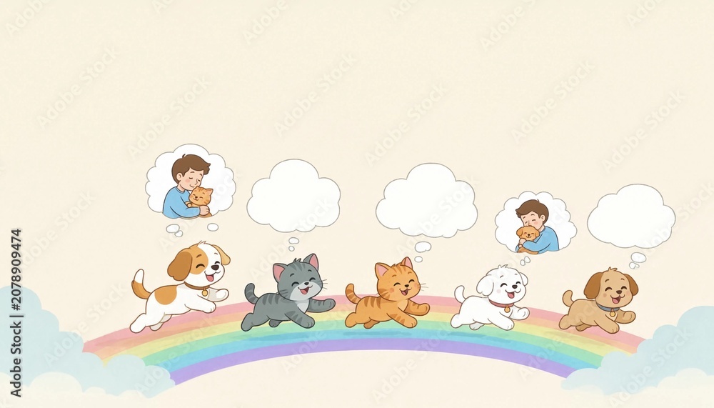 Naklejka premium Cartoon children and animals running on a rainbow on a beige background, playful learning, kids fun, cheerful design, imagination.