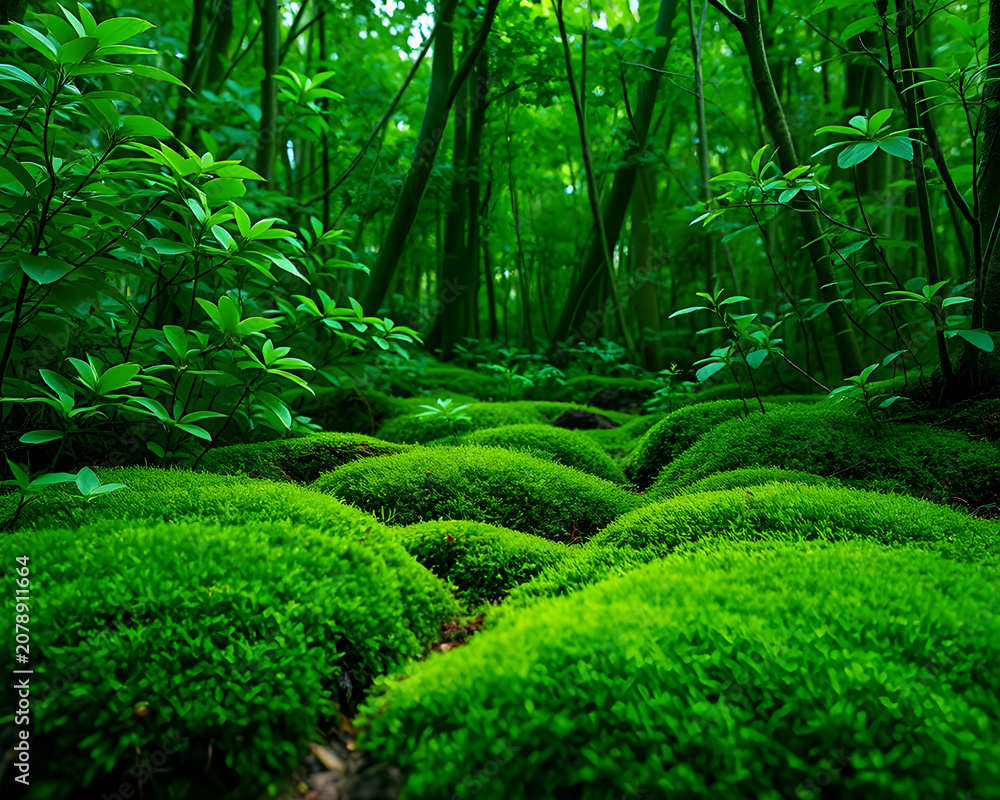 Fototapeta premium Forêt tropicale dense et verdoyante avec rochers couverts de mousse, végétation exubérante et luxuriante, paysage naturel éclatant de vie