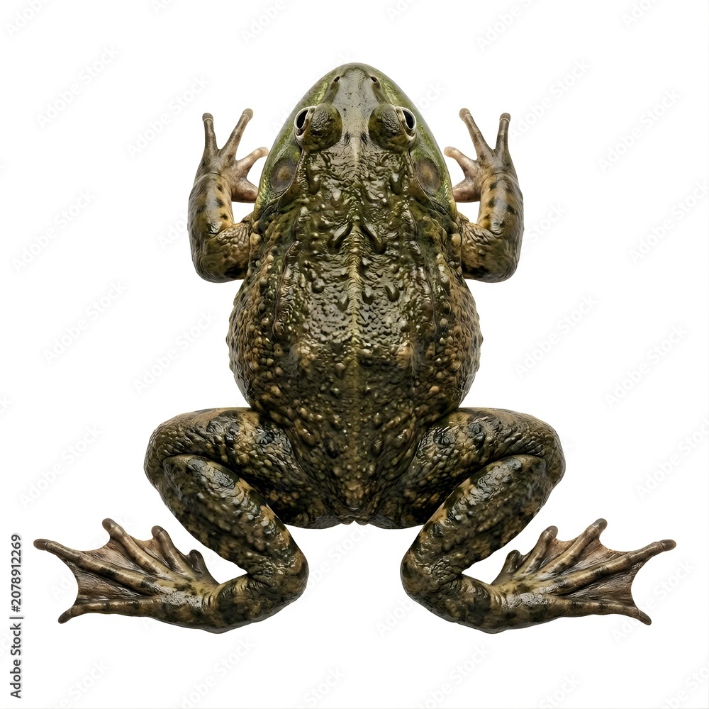 Fototapeta premium Top View of a Green Frog with Webbed Feet on White Background.