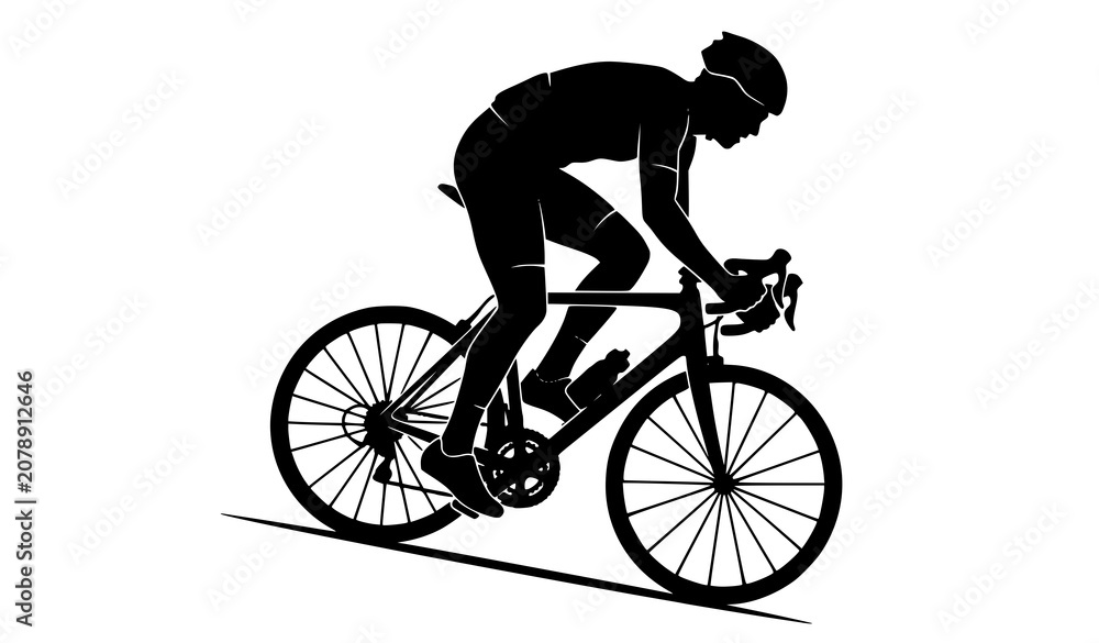 Fototapeta premium Dynamic silhouette of male road cyclist riding lightweight racing bicycle isolated on white background modern flat vector illustration for sports and fitness graphics