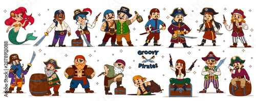 Photos European and Asian cartoon pirates and corsair characters, vector personages