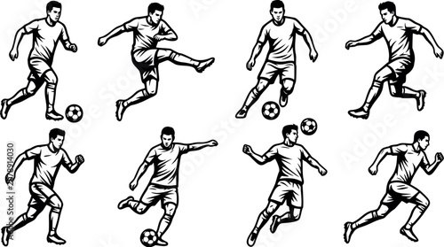 Cuadro en lienzo Vector illustration of soccer player in various kicking and running poses, black
