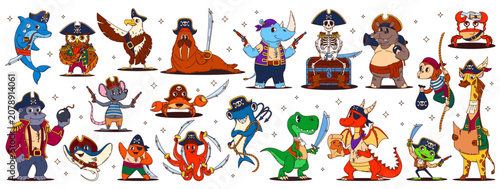 Tableau sur toile Cartoon animal pirate and corsair sea ship crew characters with treasure map, chest and captain skeleton