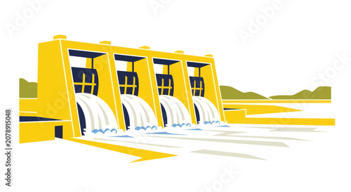 Tableau sur toile Hydroelectric dam releasing water through spillway gates