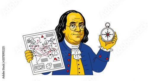 Fotografía Colonial statesman holding navigation compass and world map