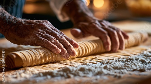 Close-up of weathered hands rolling fresh pasta dough with a wooden pin on a floured surface, warm bokeh light in the background.