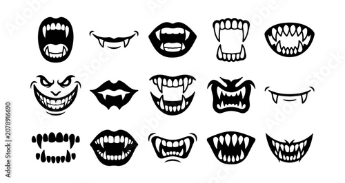 фотографія Black and white vampire teeth, mouths, and lips vector icons set