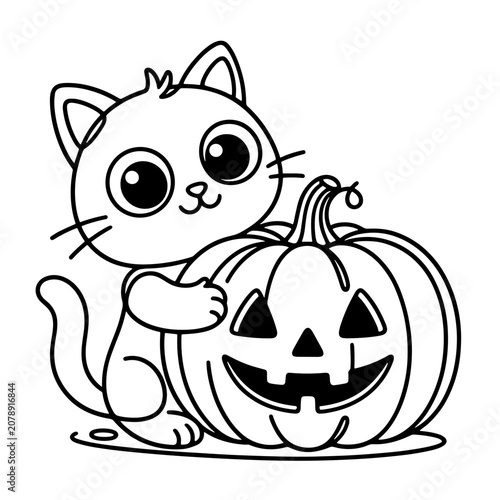 Cute Halloween cat hugging a scary jack-o-lantern pumpkin coloring page, funny kitten black and white line art illustration for kids activity book vector