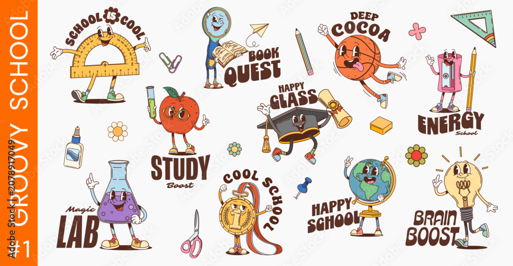 Fototapeta premium Y2K groovy funky school education stationery stickers and patches with funny characters, cartoon vector. Groovy school ruler and student medal or graduation cap, basketball ball and chemistry vial